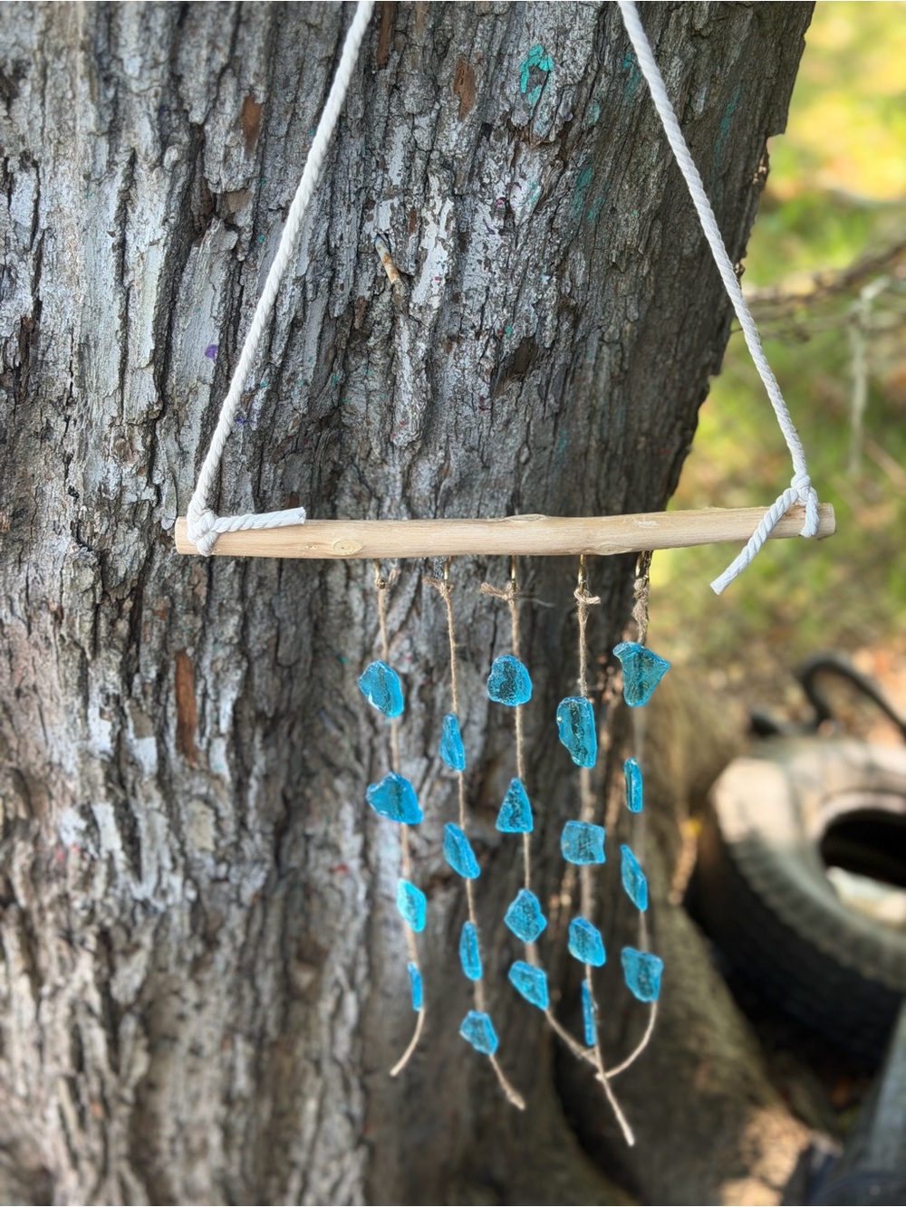 Handmade Driftwood and Turquoise Sea Glass Wall Hanging